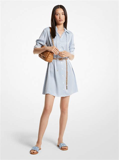 Pinstriped Satin Belted Shirtdress 